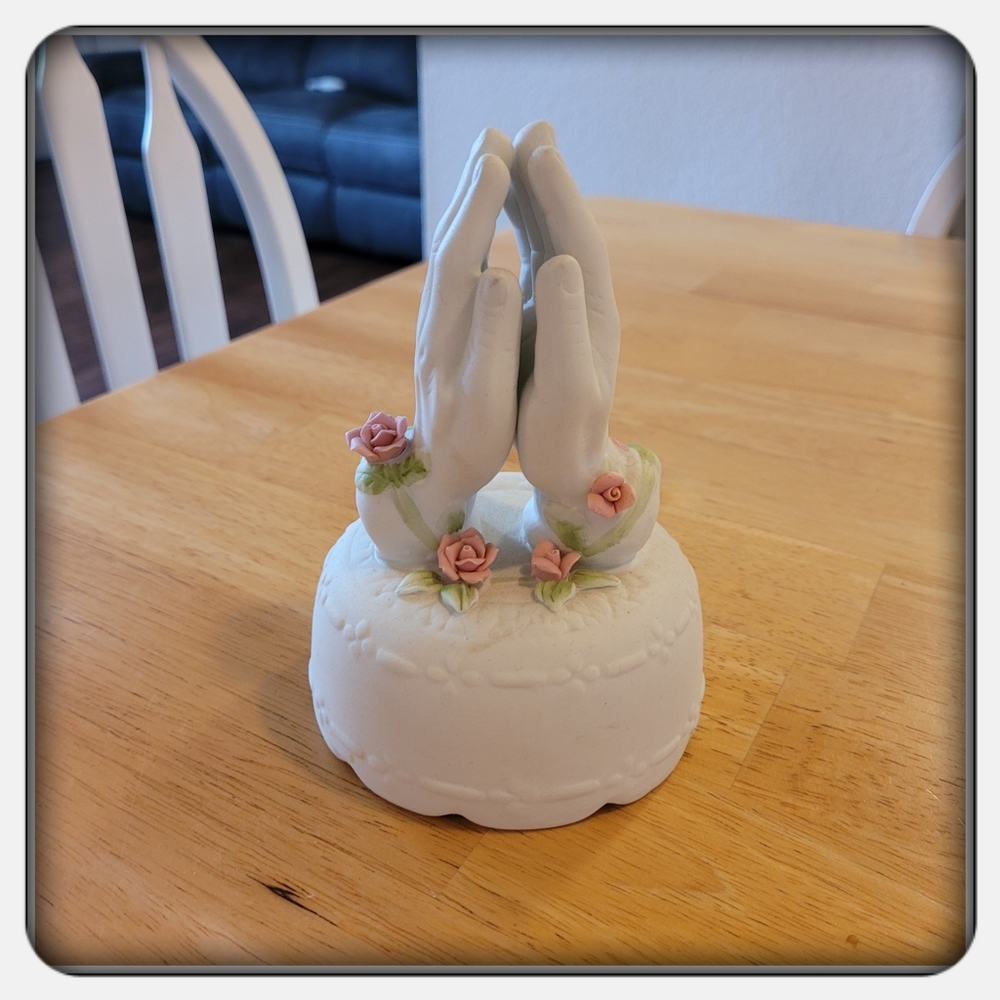 Decorative Musical Praying Hands Figurine with Pink Roses